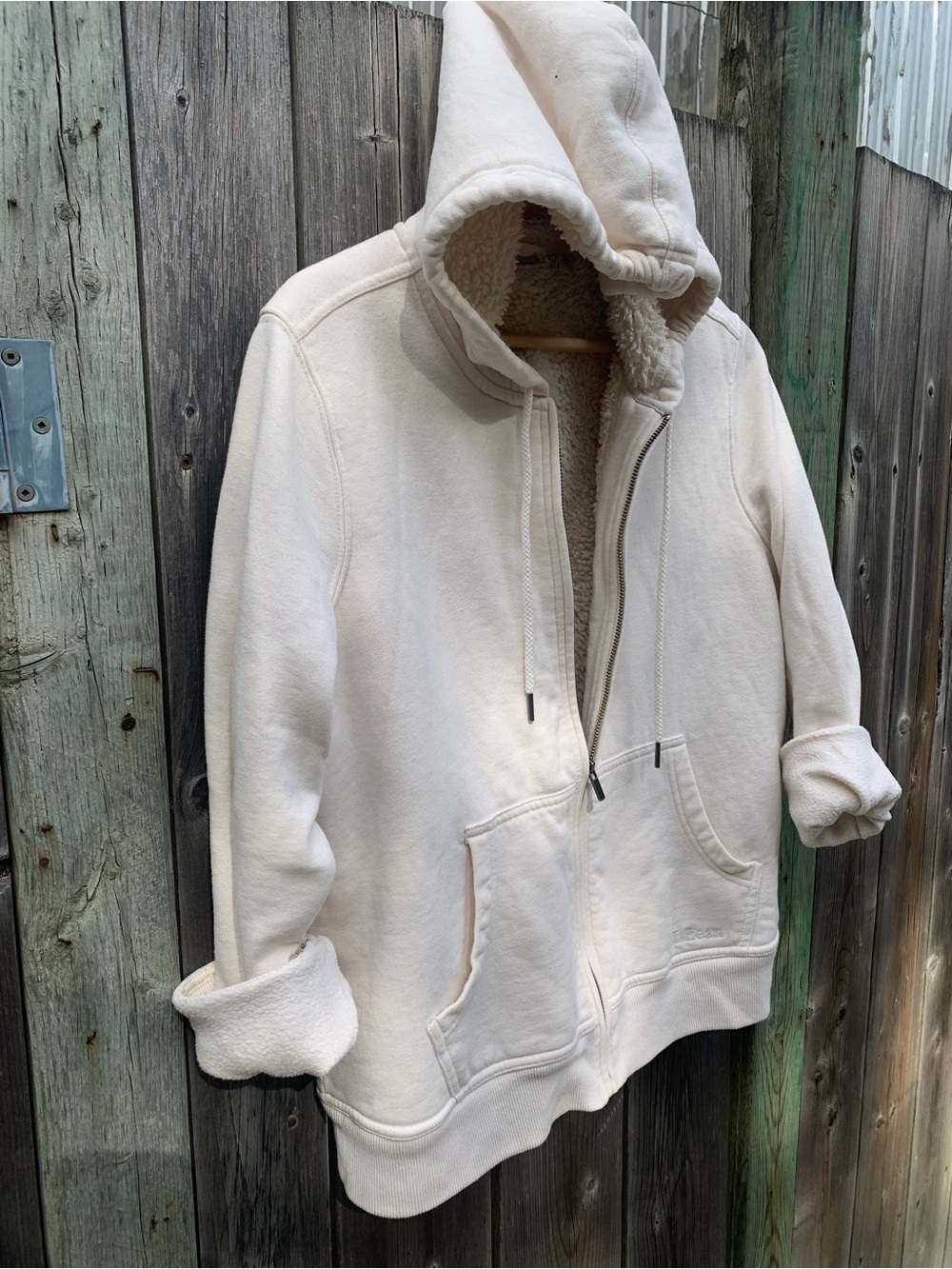 L.L. Bean Cream Sherpa Lined Full Zip Hoodie Sweatshirt Size Medium Petite (M PE
